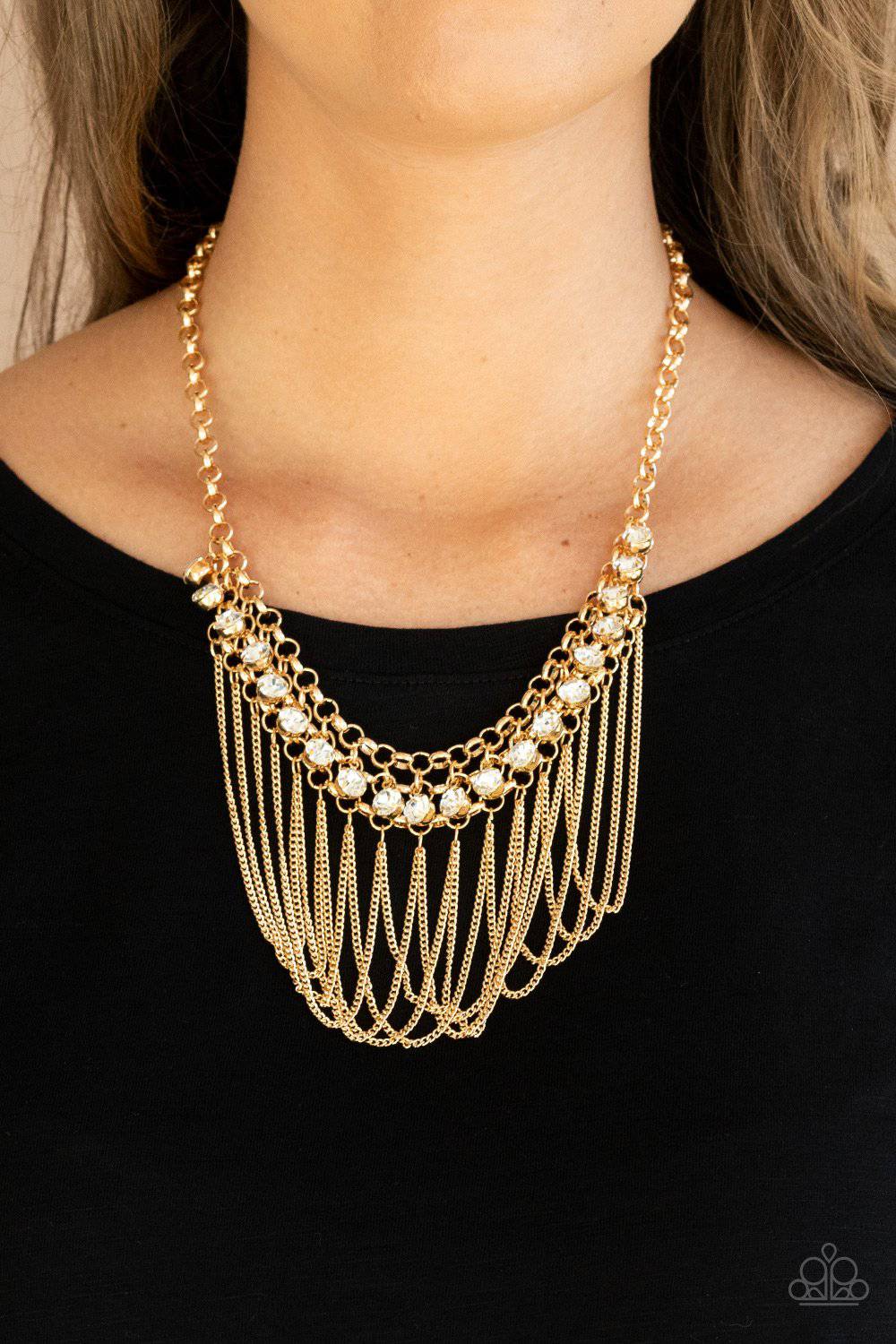 Flaunt Your Fringe - Gold and Rhinestone Necklace - Paparazzi Accessories - GlaMarous Titi Jewels