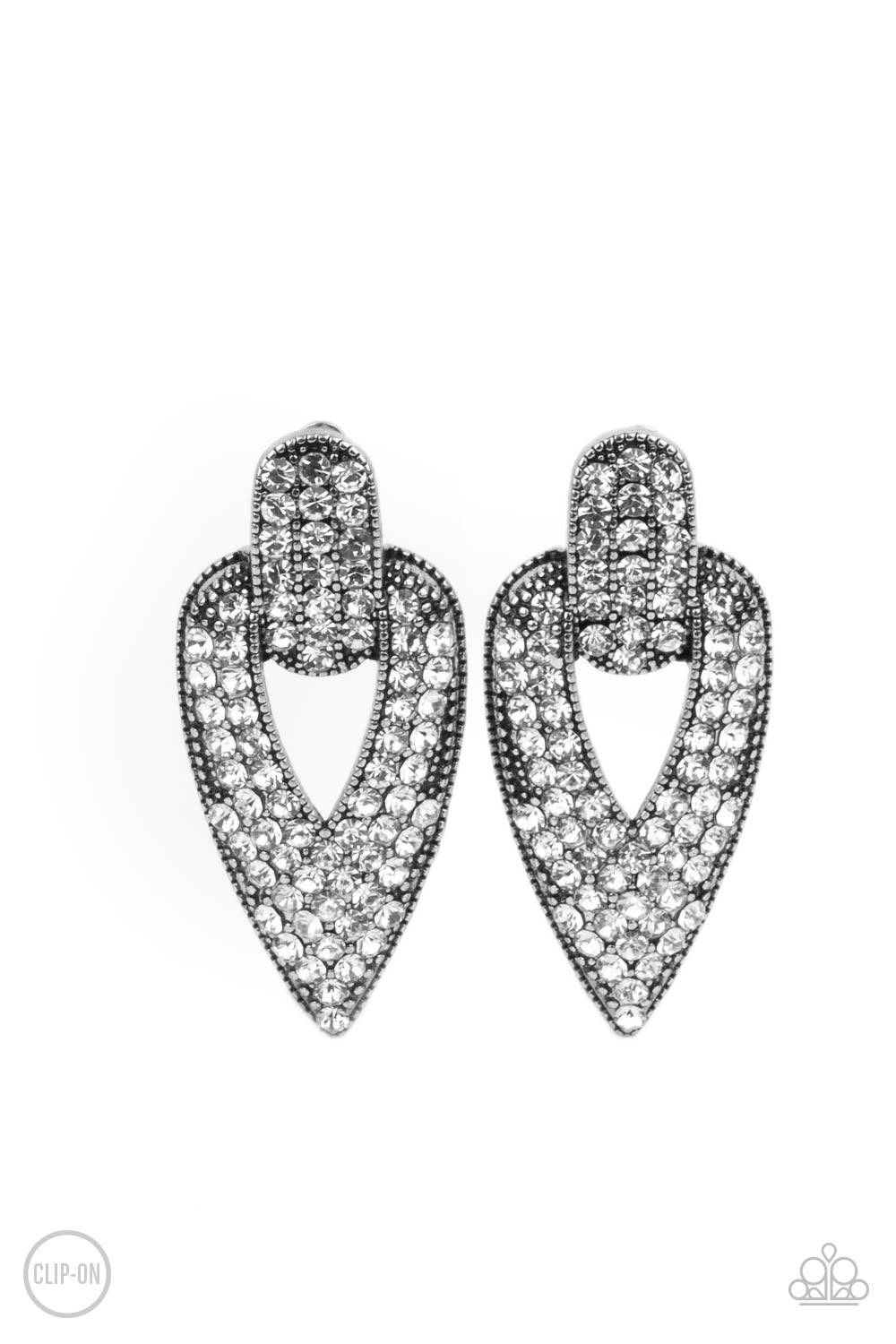 Blinged Out Buckles - White Rhinestone Clip-on Earrings - Paparazzi Accessories - GlaMarous Titi Jewels