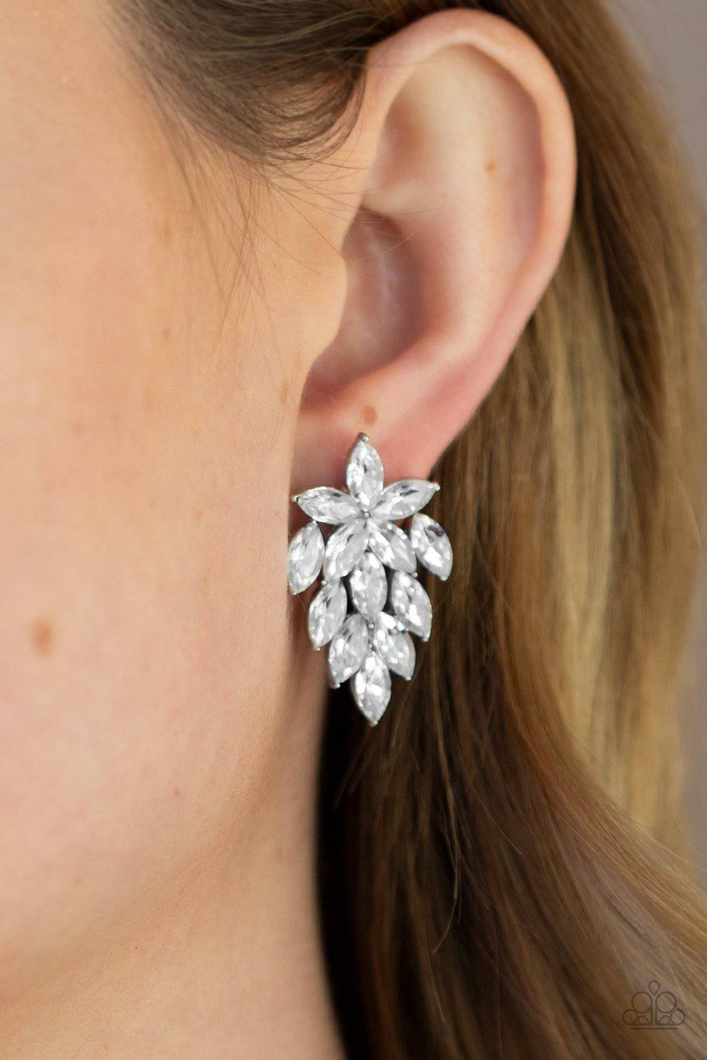 They See Me Glowin - White Rhinestone Earrings - Paparazzi Accessories - GlaMarous Titi Jewels