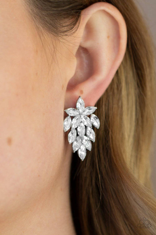 They See Me Glowin - White Rhinestone Earrings - Paparazzi Accessories - GlaMarous Titi Jewels