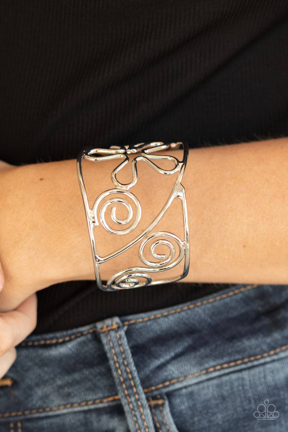 Groovy Sensations - Silver Floral Cuff Bracelet - Paparazzi Accessories - GlaMarous Titi Jewels