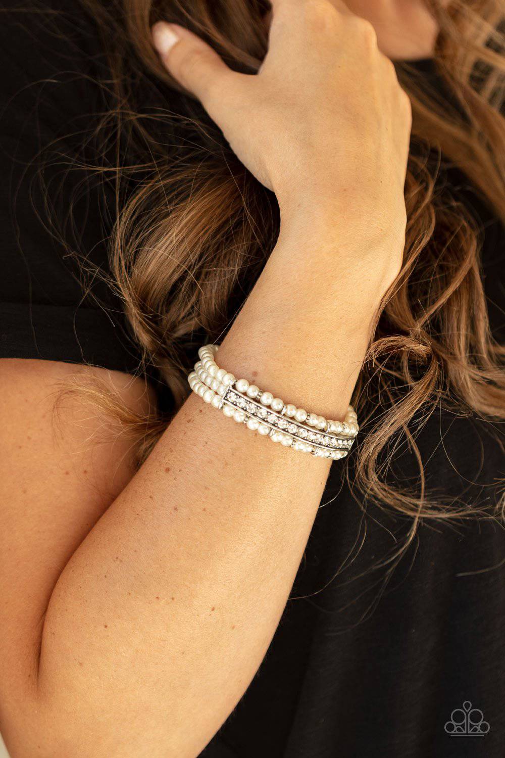 Vintage Beam - White Pearl and Rhinestone Bracelet - Paparazzi Accessories - GlaMarous Titi Jewels