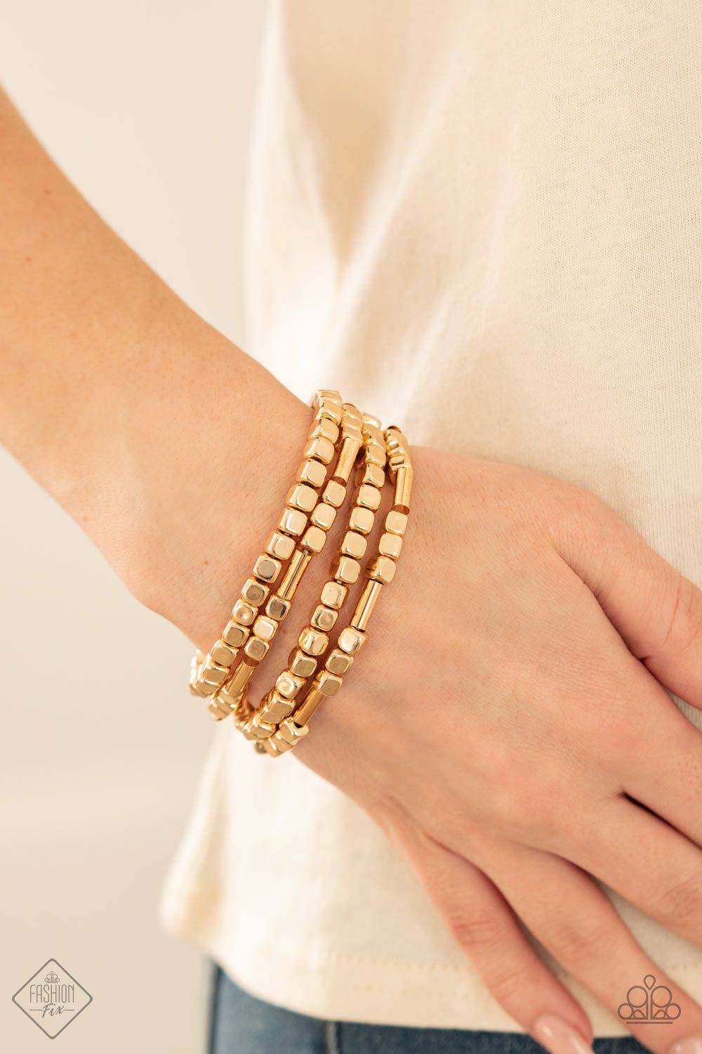 Metro Materials - Gold Stretchy Bracelets - Paparazzi Accessories - GlaMarous Titi Jewels
