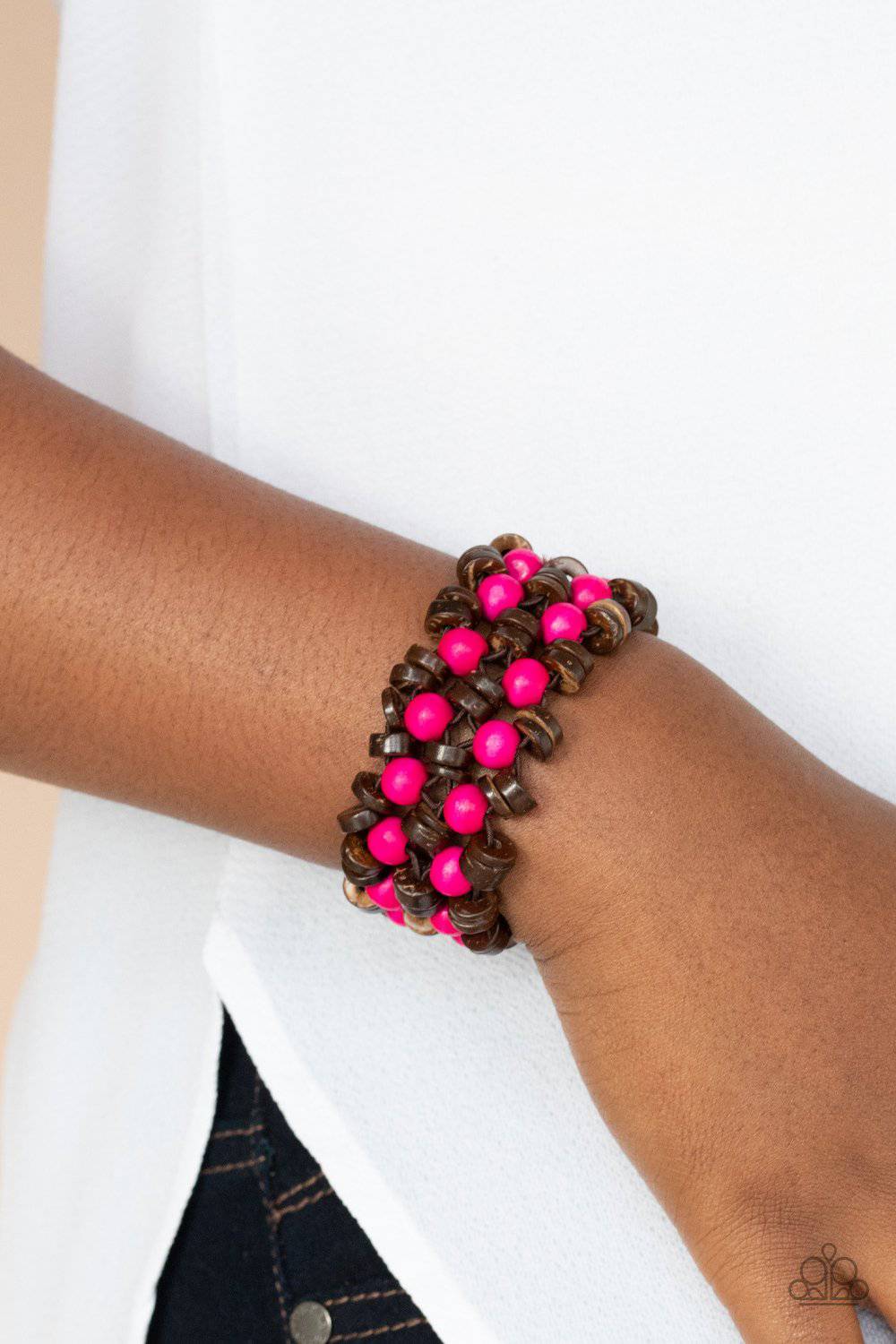 Tahiti Tourist - Pink and Brown Wooden Bead Bracelet - Paparazzi Accessories - GlaMarous Titi Jewels