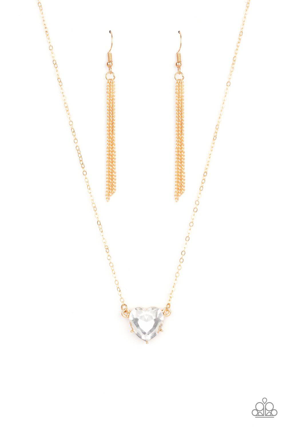 She Works HEART For The Money - Gold Rhinestone Necklace - Paparazzi Accessories - GlaMarous Titi Jewels