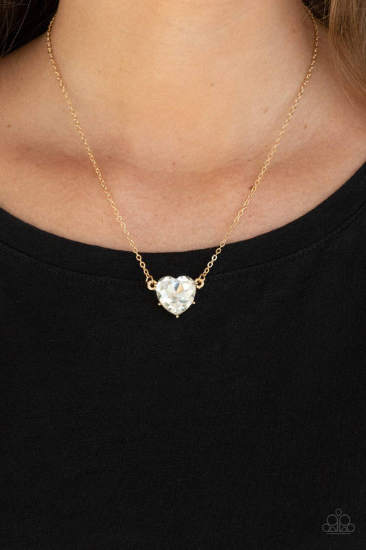 She Works HEART For The Money - Gold Rhinestone Necklace - Paparazzi Accessories - GlaMarous Titi Jewels