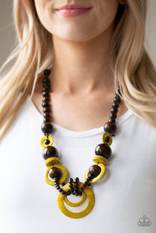 Boardwalk Party - Yellow Wooden Necklace - Paparazzi Accessories - GlaMarous Titi Jewels