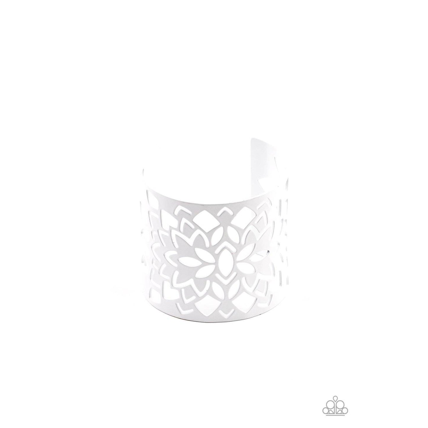 Hacienda Hotspot - White Floral Cuff Bracelet - Paparazzi Accessories - GlaMarous Titi Jewels