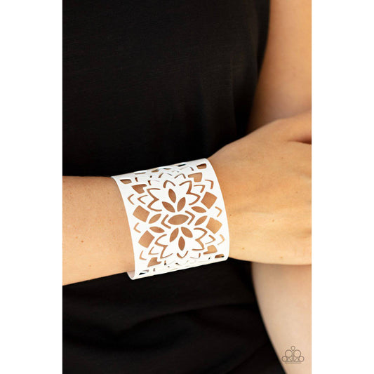 Hacienda Hotspot - White Floral Cuff Bracelet - Paparazzi Accessories - GlaMarous Titi Jewels