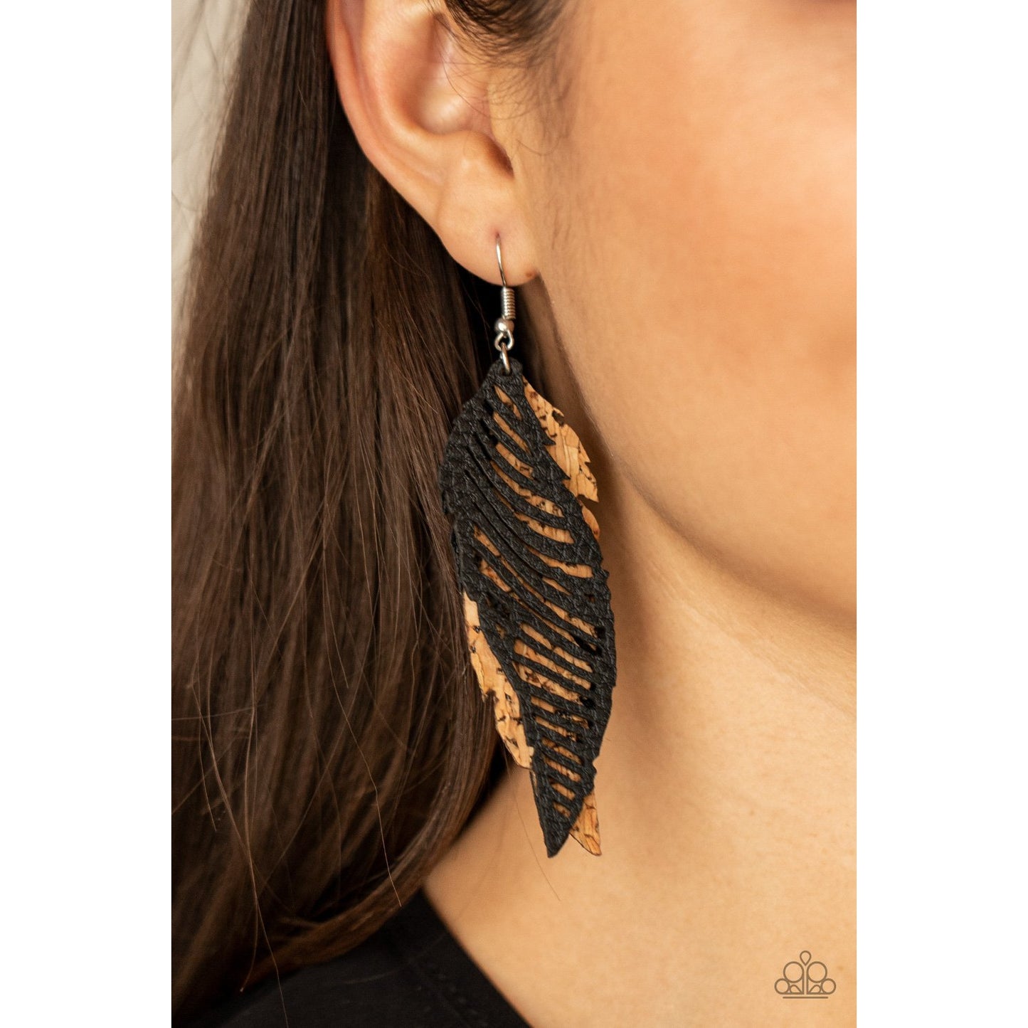 WINGING Off The Hook - Black and Cork Leather Earrings - Paparazzi Accessories - GlaMarous Titi Jewels