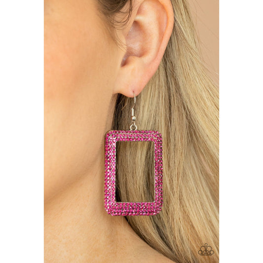 World FRAME-ous - Pink Rhinestone Earrings - Paparazzi Accessories - GlaMarous Titi Jewels