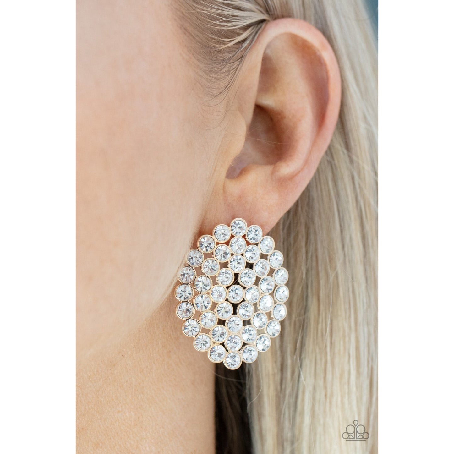 Drama School Dropout - Gold Rhinestone Earrings - Paparazzi Accessories - GlaMarous Titi Jewels